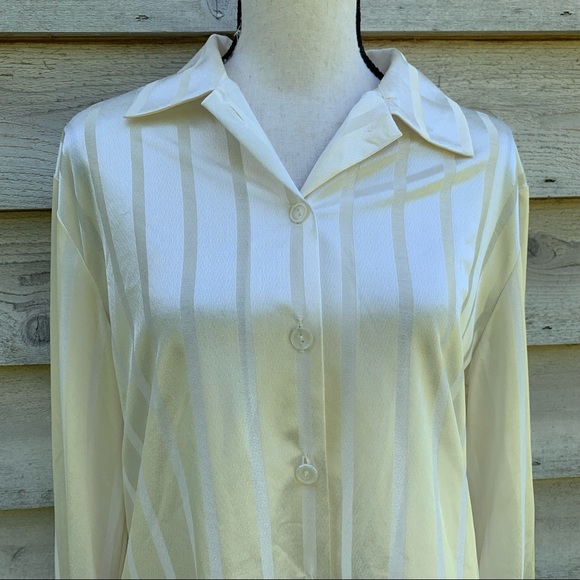 Vintage 90s Ivory White Striped Long Sleeve Collared Button Down Semi Sheer Top - Picture 7 of 16